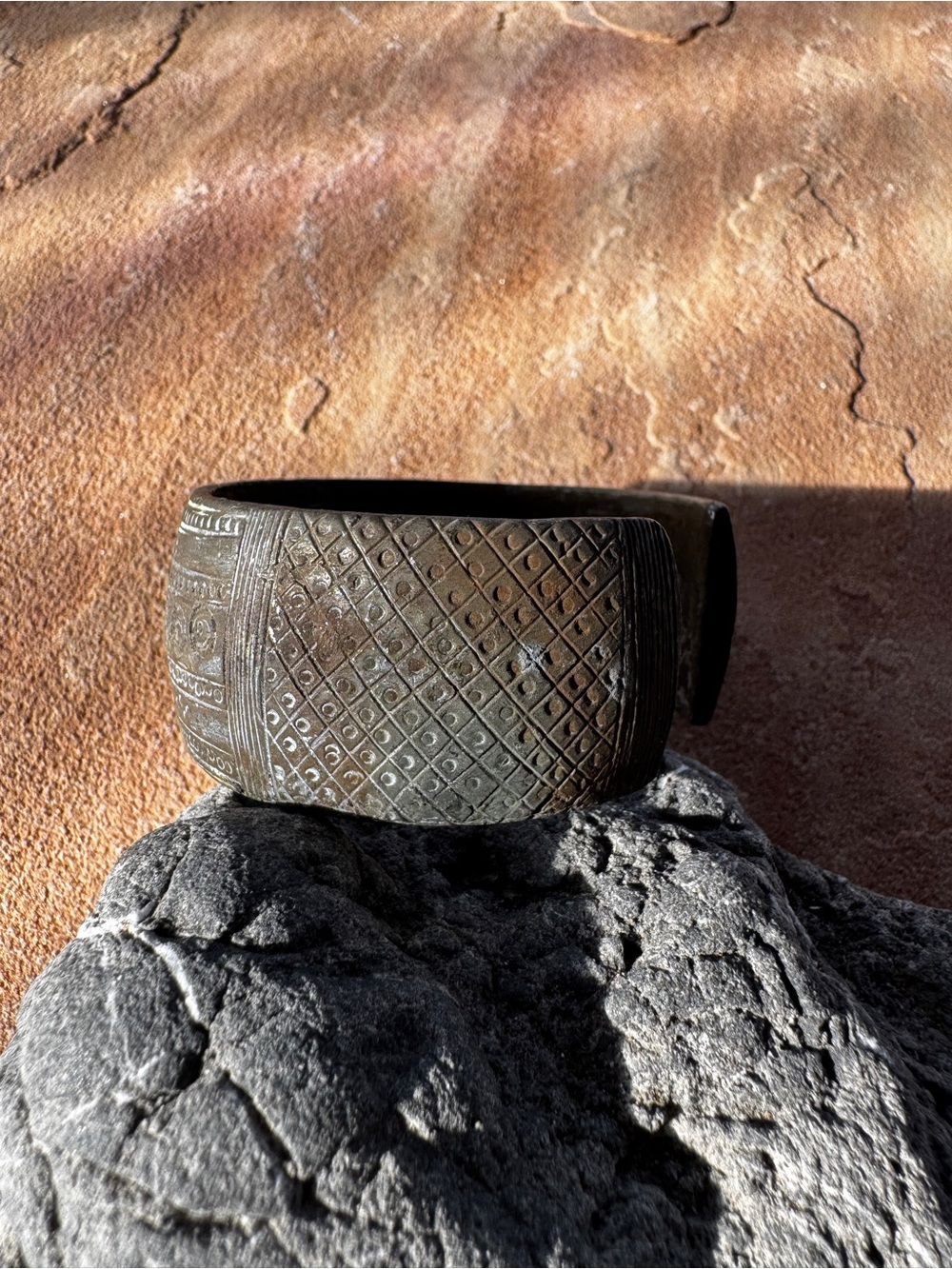 African Tribal Etched Metal Cuff Bracelet Antique Vintage Bronze Patina